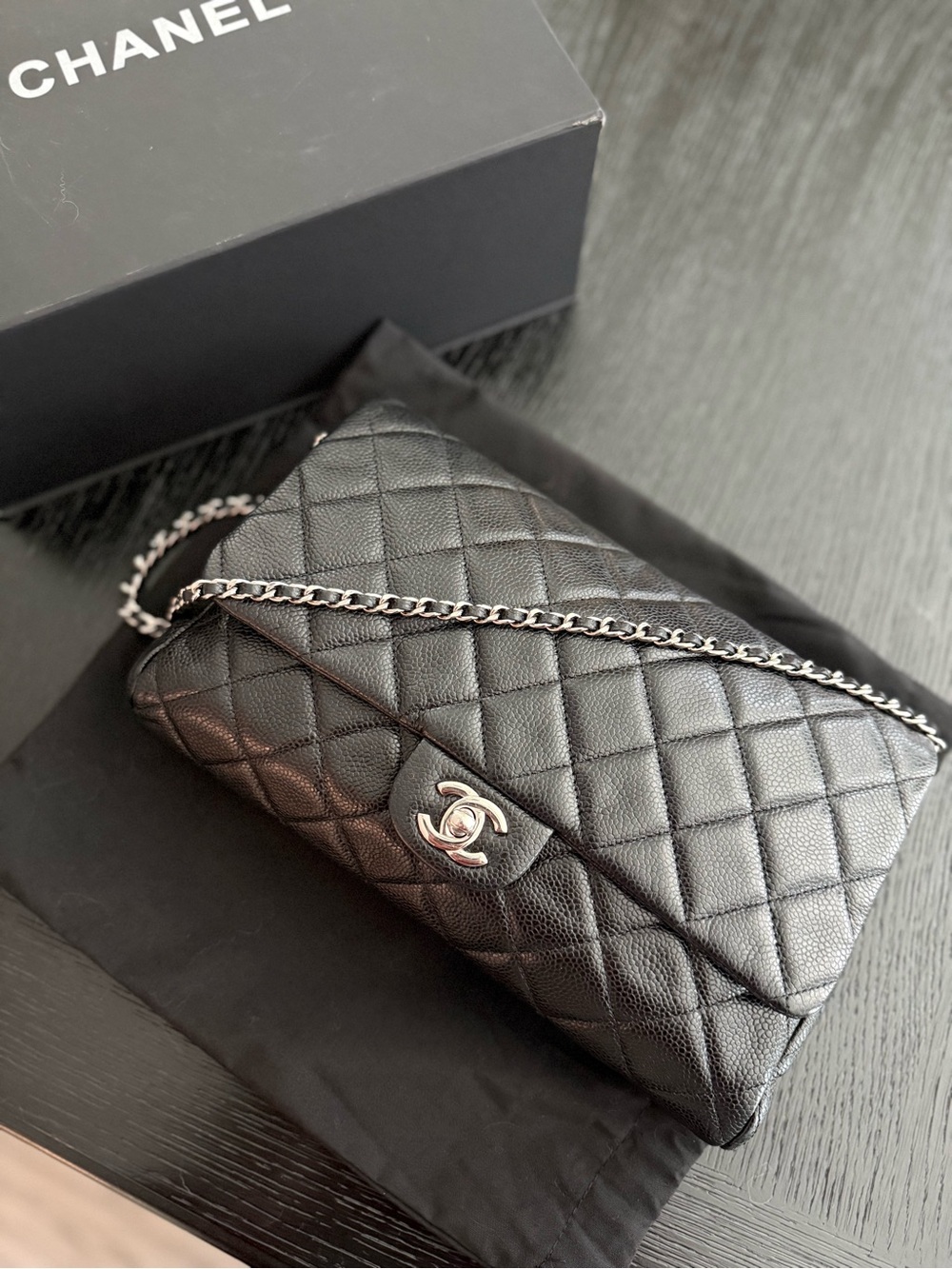 CHANEL Black Quilted Leather Shoulder Bag with Silver Chain